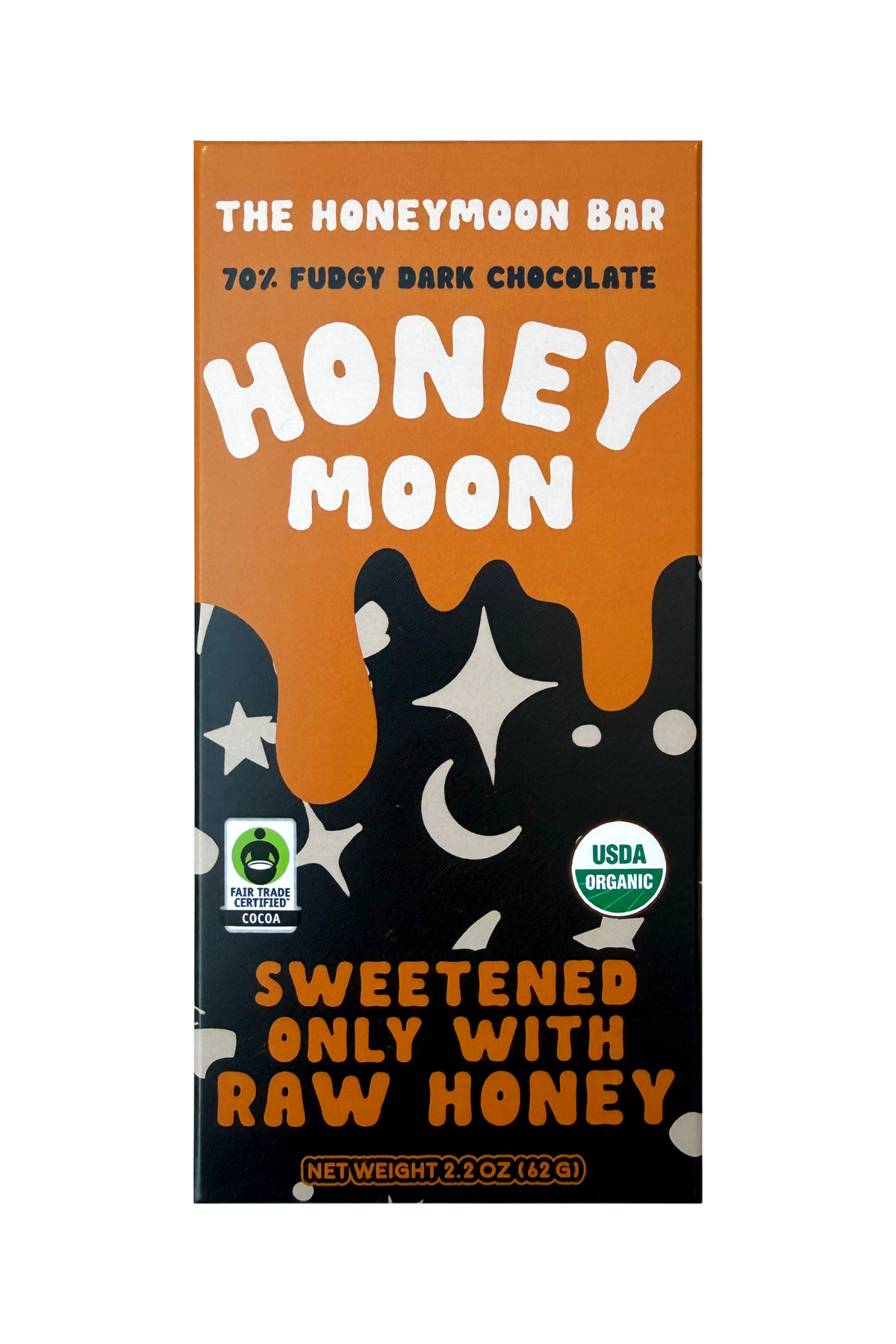 Front of a 'The Honeymoon Bar' chocolate box, flavor Honey Moon. The packaging features a bright orange top half with white text, a black bottom half with white moon and star illustrations, and orange text reading 'Sweetened Only with Raw Honey'.