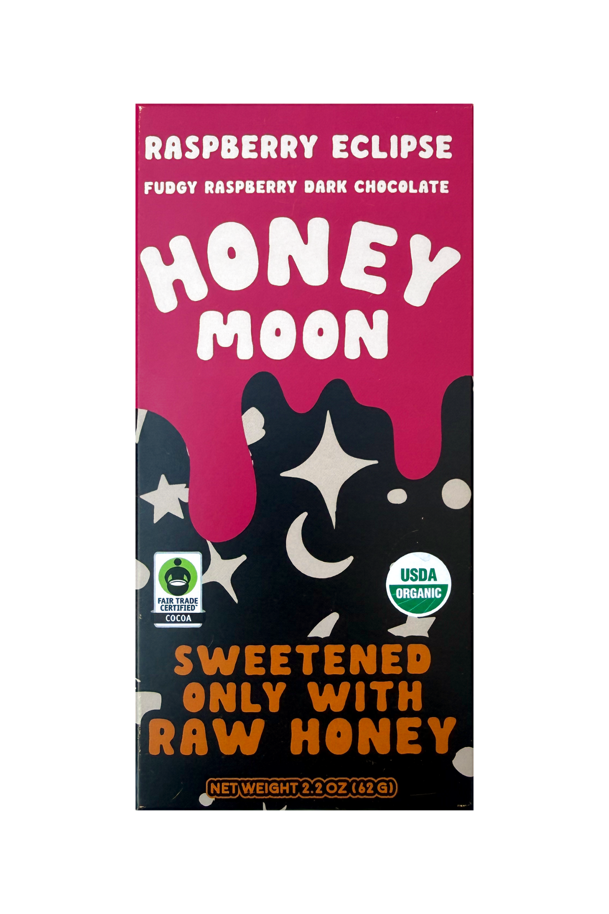 Front of a Honey Moon Raspberry Eclipse chocolate bar package, showing a pink top section with white text and a black lower section with white moon and star graphics, plus orange text reading 'Sweetened Only with Raw Honey.' Visible badges include USDA Organic and Fair Trade Certified.