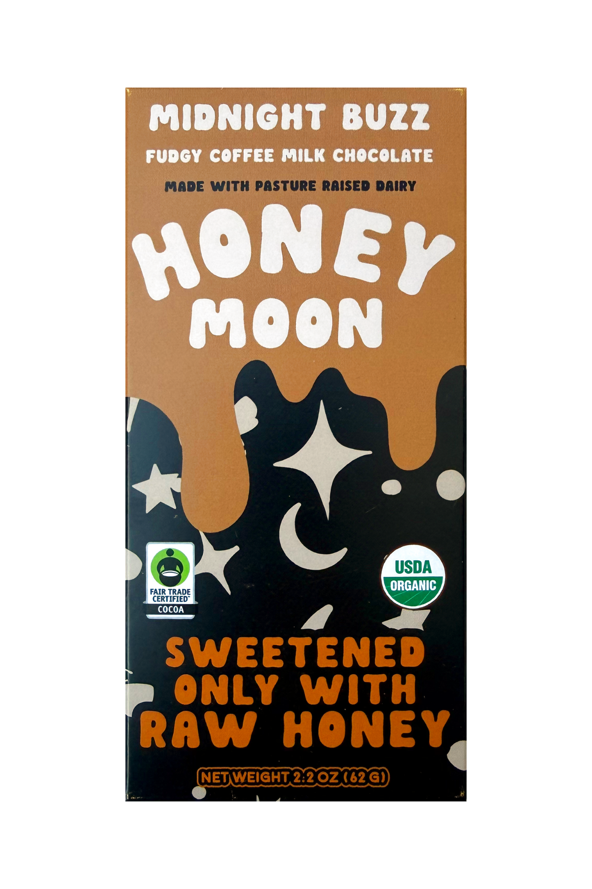 Front of a Honey Moon chocolate drink box labeled Midnight Buzz, with a brown upper section, large white 'HONEY MOON' text, a black lower section with white moon and star shapes, and orange text reading 'SWEETENED ONLY WITH RAW HONEY.' Visible badges include USDA Organic and a fair trade seal.
