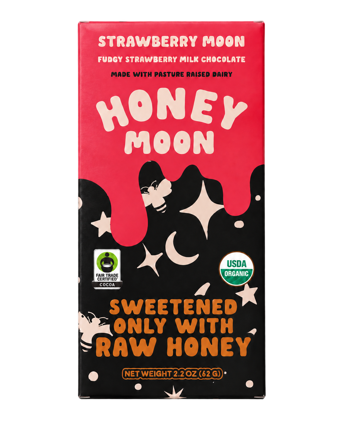 A 2.2 oz box of Honey Moon Strawberry Moon chocolate, featuring a red top half with cream lettering and a black bottom half with stars, moons, and honey dripping graphics.